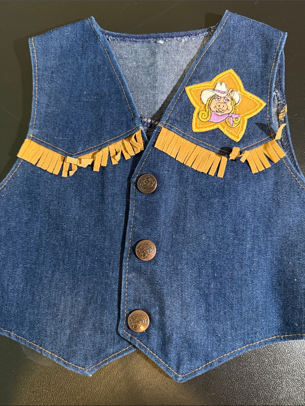 VTG kids Denim Vest with Yellow Fringe and Star Patch “miss piggy”